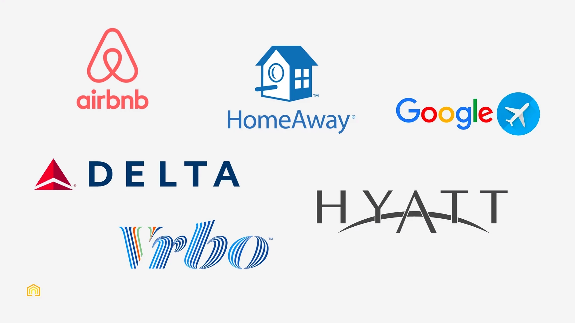 Competitor logos: Airbnb, HomeAway, Google, Delta, Vrbo, Hyatt