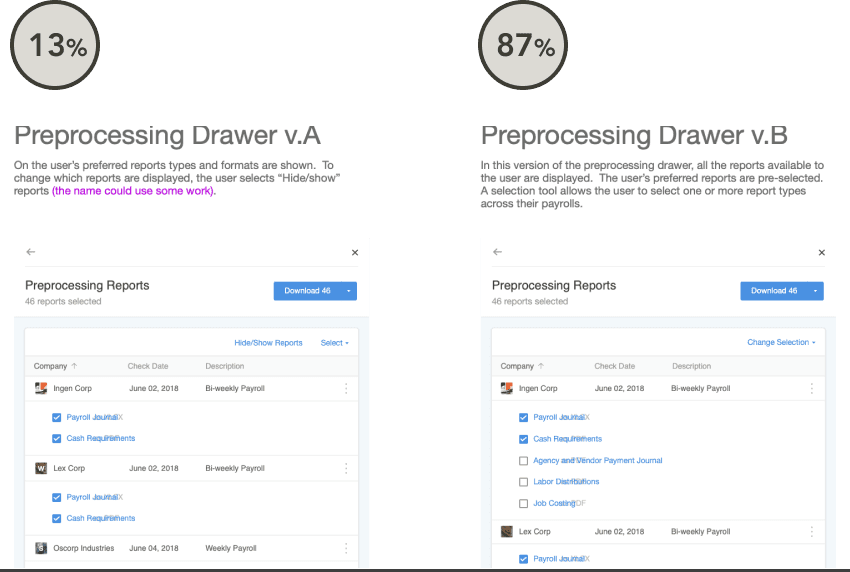 Two report list designs compared side by side in testing