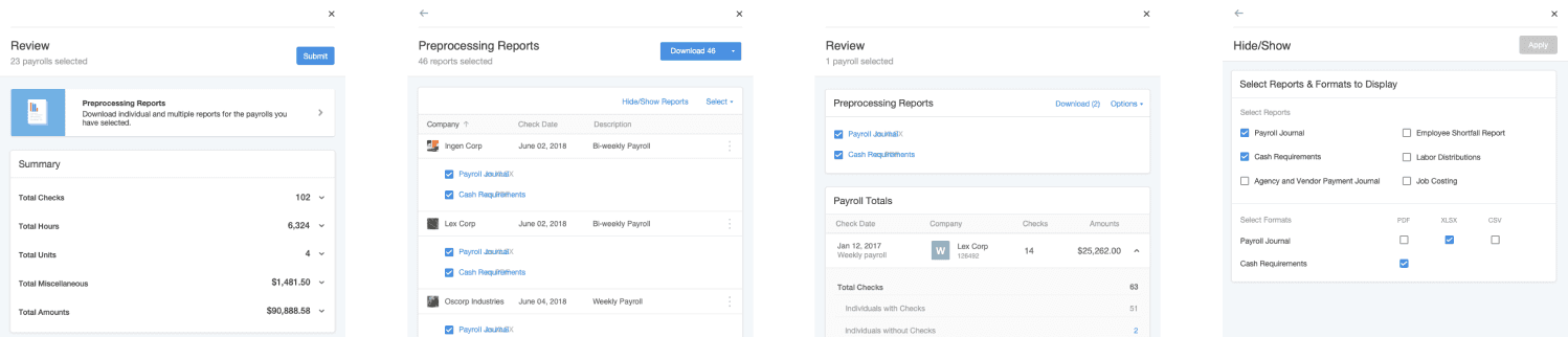 Final batch report generation experience across four screens